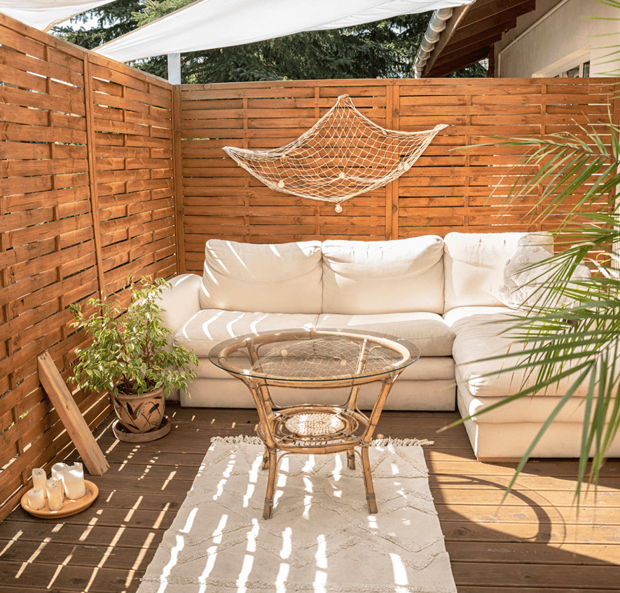 Cozy patio with wooden furniture