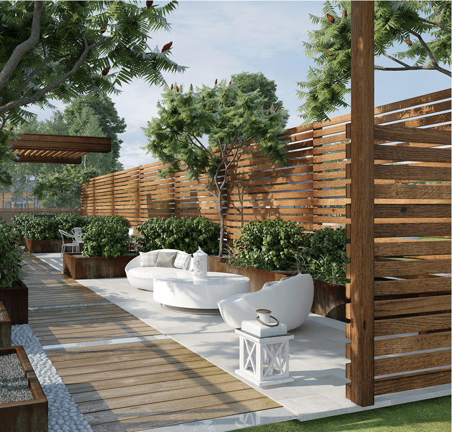 Outdoor lounge area with greenery