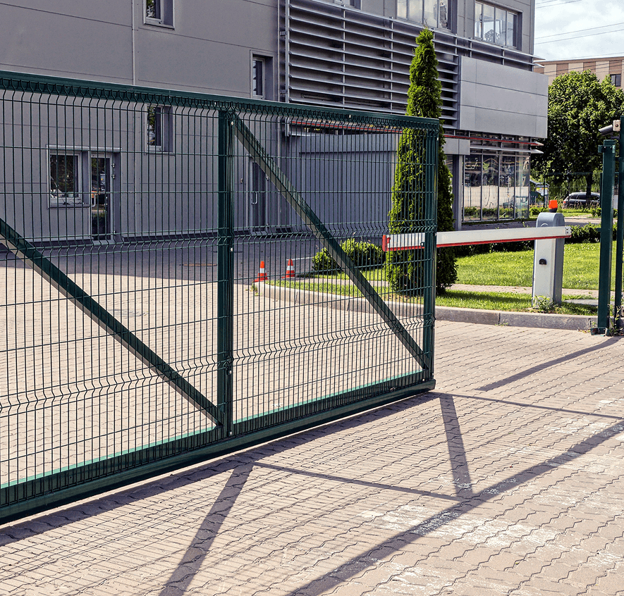 Closed gate in front of building